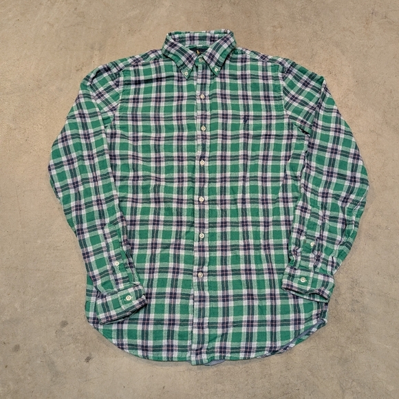 Ralph Lauren Plaid Button Down Flannel Shirt Mens M Custom Fit Green Navy - Picture 1 of 6